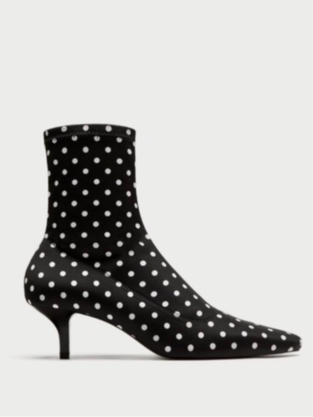 ZARA Black Polka Dot Sock Kitten Heel Ankle Boots Sz 40 9.5 Stretch Pointed Toe